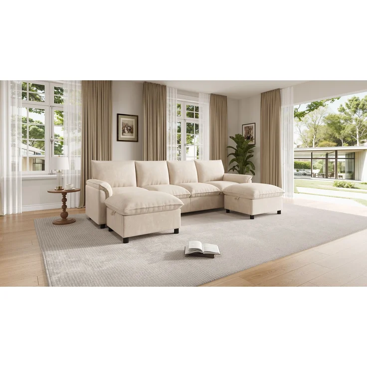 ZUBALIYA Modulare Wohnlandschaft, mit Stauraum, modular kombinierbar, mit Hocker, H 84 × T 142.5 × B 264.5 cm, Beige, Chenille – Bild 16