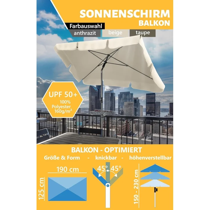 Menz Sonnenschirm Balkon - 3-IN-1 Sonnenschutz Balkon SET in Beige, UPF 50+ Sonnenschirm rechteckig 200x125 cm + Sonnenschirmhalter Balkongeländer + Sonnenschirmhülle – Bild 4
