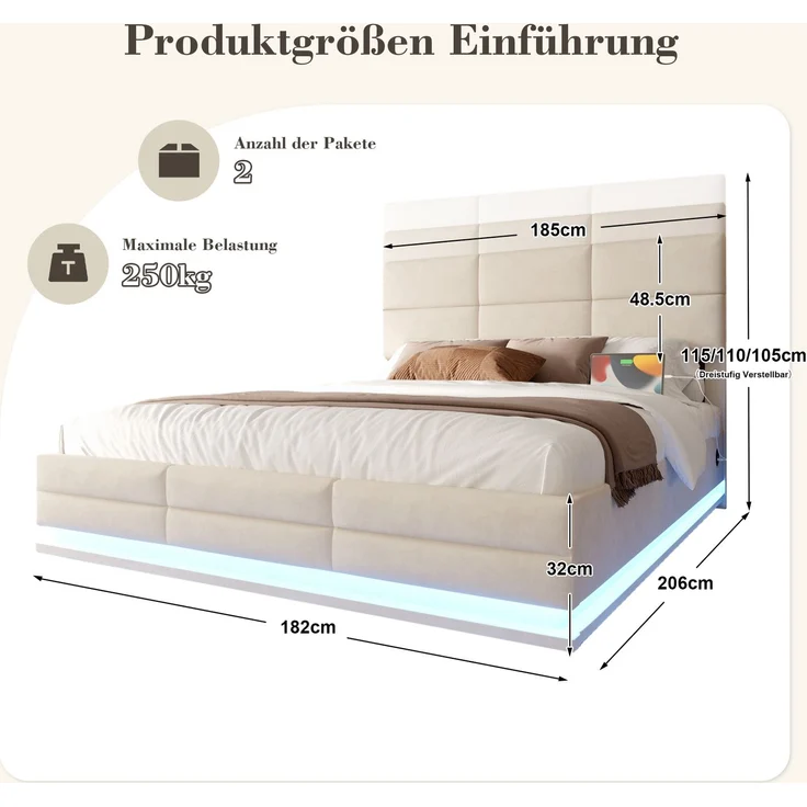TavilaEcon Boxspringbett Modernes Polsterbett mit höhenverstellbarem Kopfteil & LED-Beleuchtung beige Liegefläche 180 × 200 cm – Bild 2