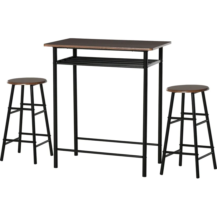 Bargarnitur, 3-teilig, Tisch & 2 Hocker, Regal, Industrie-Design, Schwarz/Eiche--Schwarz--90x50x80cm--YOUDENOVA – Bild 2