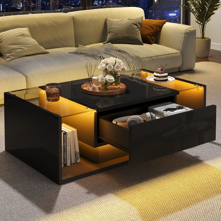 Quadratischer Couchtisch 100 x 50 x 31 cm, Hochglanz schwarz, gehärtetes Glas, 1 Schublade, halboffener Stauraum,mit LED-Lichtleiste – Bild 4