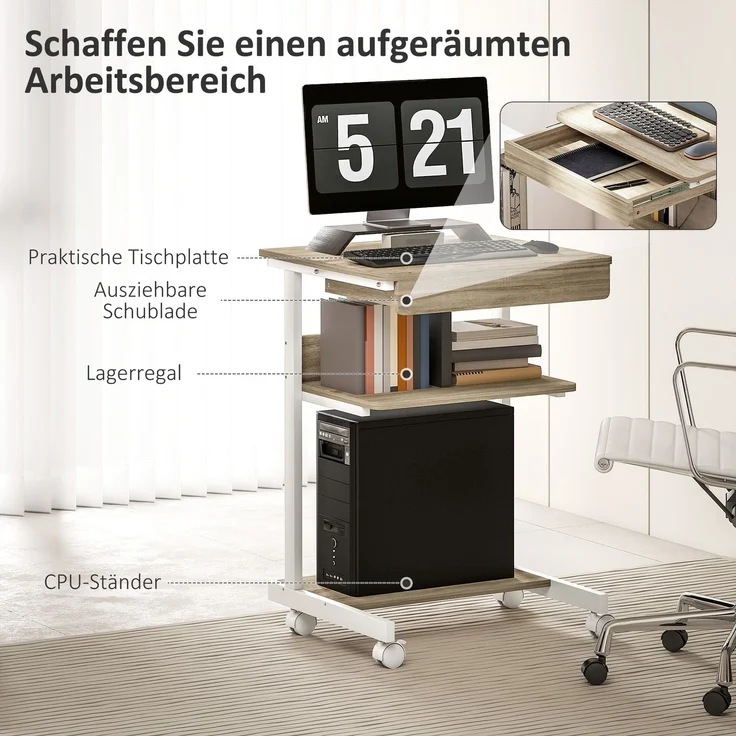 MELAYR, Roll-Schreibtisch mit Schublade und Regalen, 4 Räder, kompakt, Spanplatte, Metall, 56 x 51 x 79 cm, Eiche – Bild 6