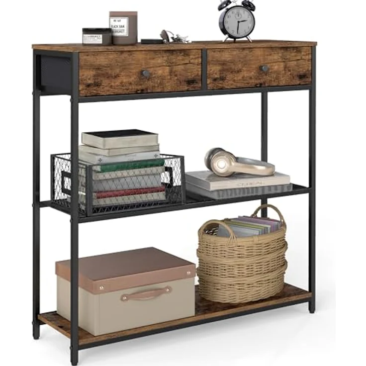 VASAGLE Konsolentisch schmal, Beistelltisch mit 2 Stoffschubladen, Flurtisch, 24 x 76 x 80 cm, für Flur, Wohnzimmer, vintagebraun-tintenschwarz – Bild 2