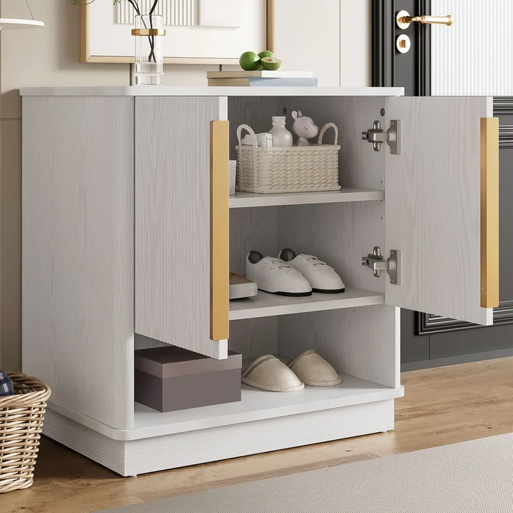 Schuhschrank 60 cm in weißer Holzoptik, mit goldfarbenen Griffen, 2 Türen, verstellbaren Böden und offenem Fach – Bild 5