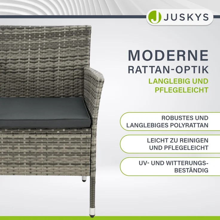 Juskys 'Monaco' 2-Sitzer Gartenbank mit Tisch und Kissen, Polyrattan grau, 133 × 63 × 84 cm – Bild 4