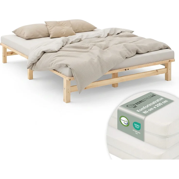 Holzbett 160x200 mit Matratze Doppelbett Holz Natur Bett Massiv Palettenbett Bettgestell Holzbettrahmen Lattenrost – Bild 1