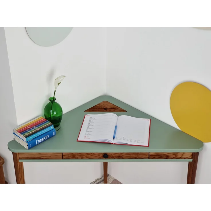 Ragaba Eckschreibtisch mit Schublade, MDF & Massives Eschenholz Eiche gebeizt, 114x61 cm, Salbei Grün – Bild 4