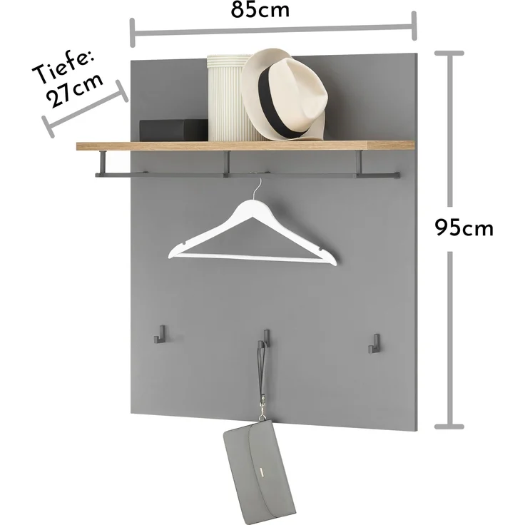 Garderobenpaneel >Melisande< in Grau matt - 85x95x27cm (BxHxT) – Bild 5