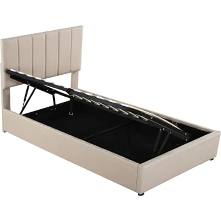 FAVSH Boxspringbett Einzelbett 90 x 200 cm - Hydraulisches Stauraumbett mit Lattenrost, Polsterbett mit Stauraum für Kinderbett Jugendbett mit Verstellbares Kopfteil, Leinen (Beige) – Bild 5