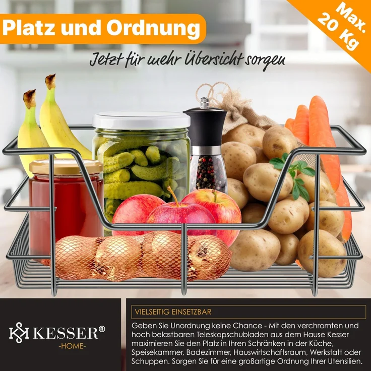 KESSER® Teleskopschublade 30-60cm Schrankbreite verchromt aus Edelstahl Schubladeneinsatz für Küchenschrank Korbauszug Schrankauszug 1x 60cm - Anthrazit – Bild 4