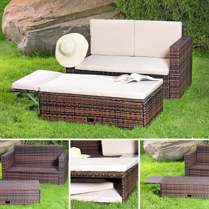 Lounge Gartenmöbel Sofa Bank Tisch klappbar Rattan Gartenset Sitzmöbel braun – Bild 5