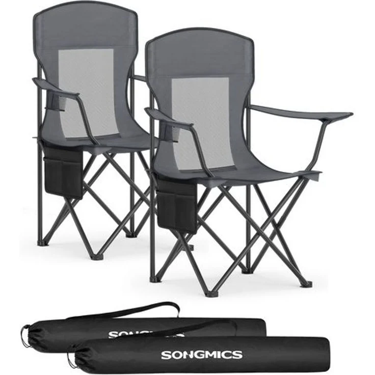 SONGMICS Campingstuhl 2er Set, Klappstuhl Outdoor, Angelstuhl, hohe Rückenlehne, verstellbare Armlehnen, Getränkehalter, klappbar, bis 150 kg belastbar, Camping Garten, schiefergrau GCBDE028G01 – Bild 1
