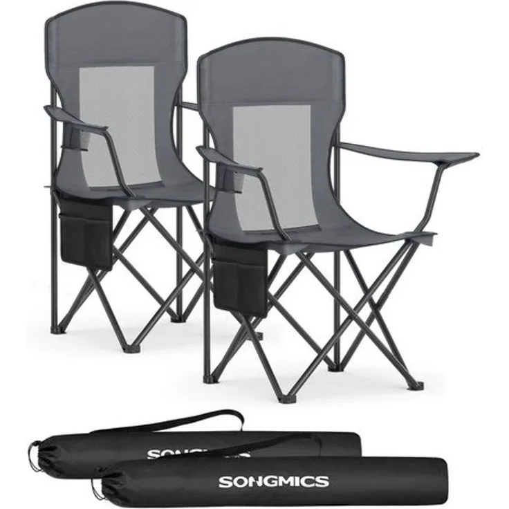 SONGMICS Campingstuhl 2er Set, Klappstuhl Outdoor, Angelstuhl, hohe Rückenlehne, verstellbare Armlehnen, Getränkehalter, klappbar, bis 150 kg belastbar, Camping Garten, schiefergrau GCBDE028G01