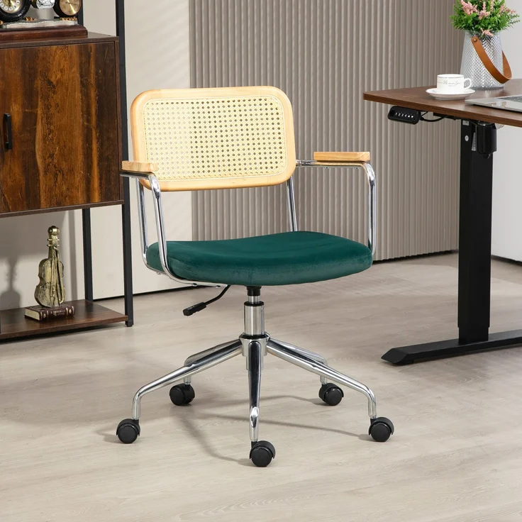 MELAYR, Bürostuhl, Boho-Design, Holzarmlehnen, drehbar, verstellbar, bis 120 kg, Stahl, Grün, 65 x 58 x 94 cm – Bild 4