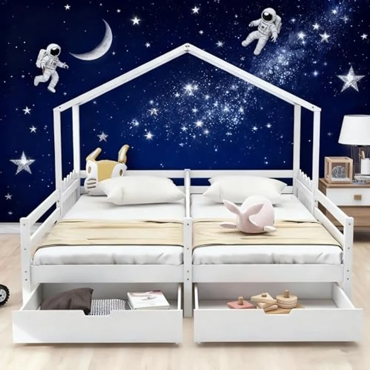 Ball & Cast Bodenbett (90x200 cm) mit 2 Schubladen, Hausbett mit Rausfallschutz und Lattenrost für 2 Kinder, EStabil & Rauschlos, Weiß – Bild 4
