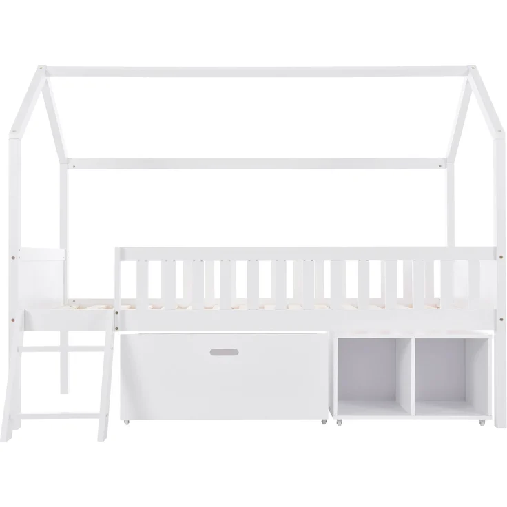 Merax Hausbett Kinderbett Jugendbett 200x90 Mit Schubladen und Ablagefächern Geeignet für Jungen und Mädchen Mit Anti-Drop-Geländer, Weiß (Ohne Matratze) – Bild 8