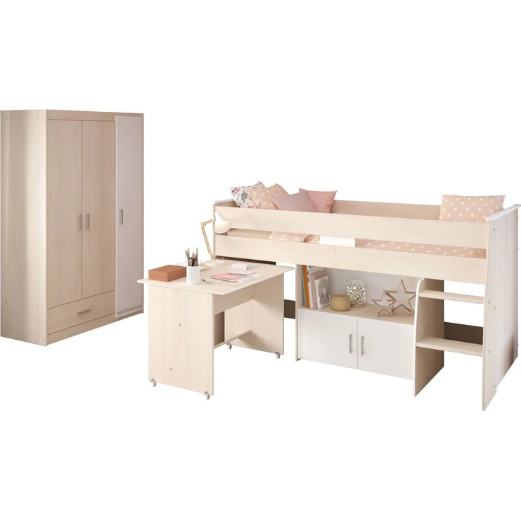 Jugendzimmer-Set >Charly 6< Funktion-Hochbett und Kleiderschrnak in Akazie Dekor / Weiß – Bild 3