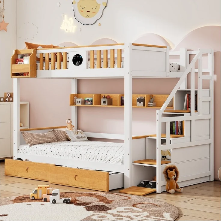 Flieks Etagenbett, Massivholz Kinderbett mit Stauraumtreppe und 2 Schubladen 90x200cm – Bild 5