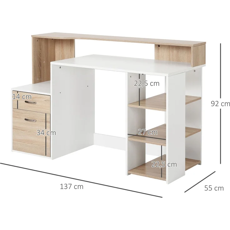 Computerschreibtisch mit 2 Schubladen, Schreibtisch mit Stauraum, 137 x 55 x 92 cm, offene Regale und Ablage – Bild 5