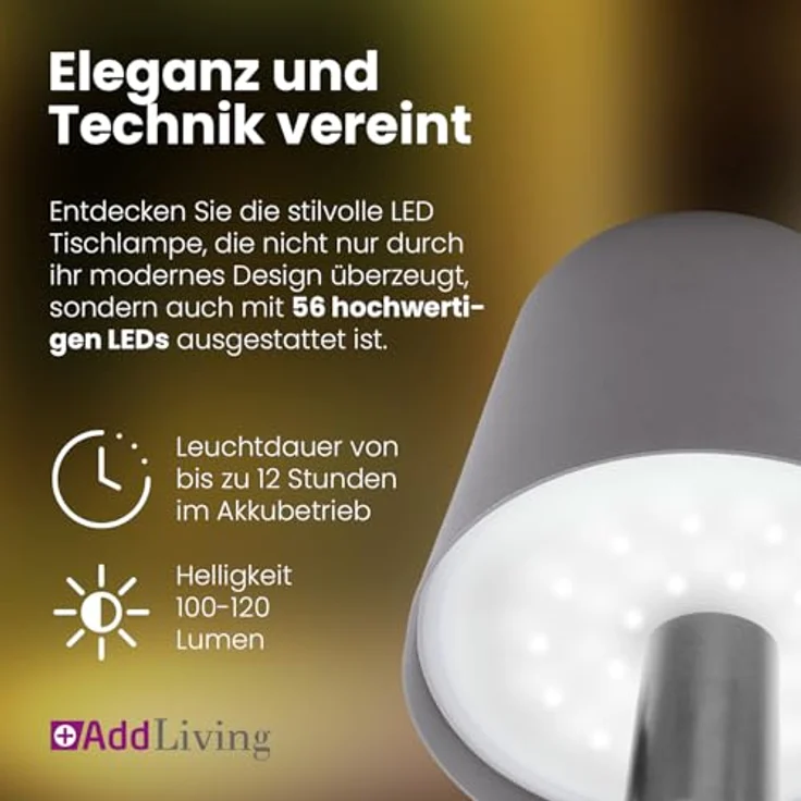 AddLiving LED Akku-Tischleuchte grau, dimmbar mit 3 Lichtfarben und IP44 Schutz für den Innen- und Außenbereich – Bild 3