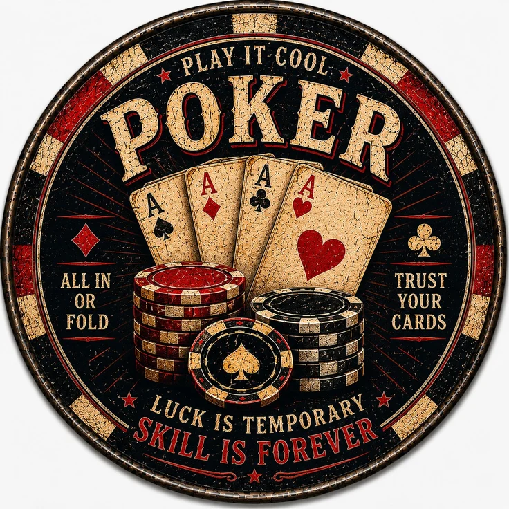 AstraDesign Blechschild Rund 30cm - Poker Spielkarten & Casino Chips Retro Wanddeko – Metall – Mehrfarbig – RD0001 – Bild 1