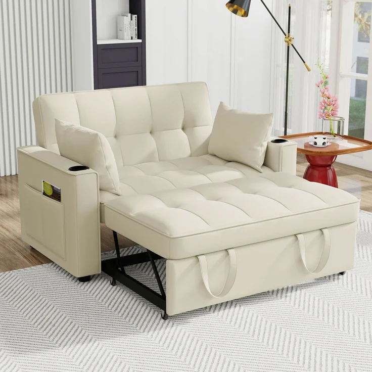 Schlafsofa 2-Sitzer mit verstellbarer Rückenlehne, Samtbezug & Getränkehaltern – Modernes Sofa mit Bettfunktion und Stauraum,Beige – Bild 3