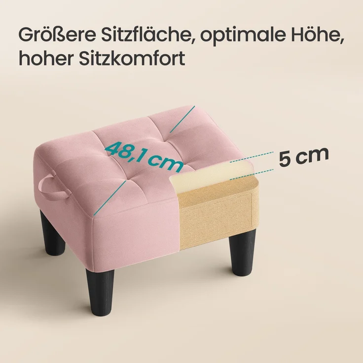 SONGMICS Sitzhocker, Fußhocker, Samt, Hocker, Dicke Polsterung, bis 150 kg belastbar, für Wohnzimmer Schlafzimmer Eingangsbereich, pastellrosa-tintenschwarz – Bild 4