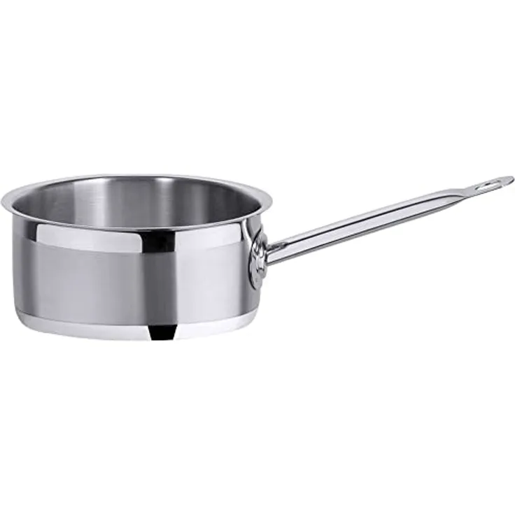 Contacto Edelstahl Stielkasserolle, niedrig, 16 cm, seidenmatt gebürstet, hochglänzender Schüttrand, Sandwichboden, induktionsgeeignet, Hohlstielgriff