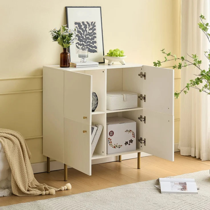 Sideboard Weiß MDF 80 x 36 x 90 cm, modern, Metallbeine, Aufbewahrungsschrank Wohnzimmer Schlafzimmer Flur – Bild 6