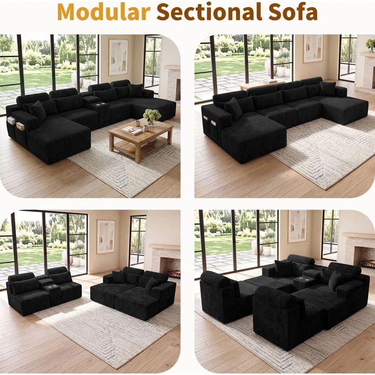 ZUBALIYA Boneless Compression Sofa, U-förmiges modulares Sofa mit integrierten Becherhaltern, Schwarz, 372 x 151 x 80 cm – Bild 12