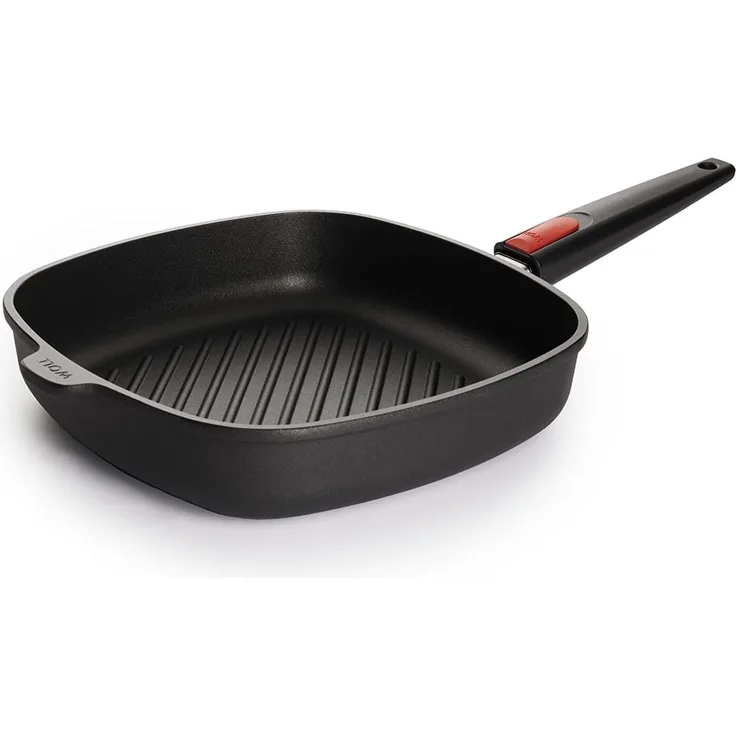 WOLL Titanium Nowo Induction Grill‑/Steakpfanne viereckig mit abnehmbarem Griff, 28 x 6,5 x 28 cm, Aluminium‑Handguss mit Titan‑Hartversiegelung, alle Herdarten inkl. Induktion, spülmaschinen‑ & backofenfest bis ca. 250 °C