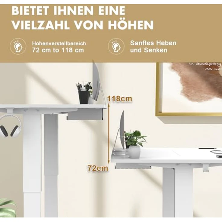 TRIUMPHKEY Höhenverstellbarer Schreibtisch 160x80cm mit Typ-C Ladeanschluss, Schreibtisch Höhenverstellbarer mit Kabel Management Tray, Standing Desk mit 3 Memory Funktion, Weiß – Bild 2