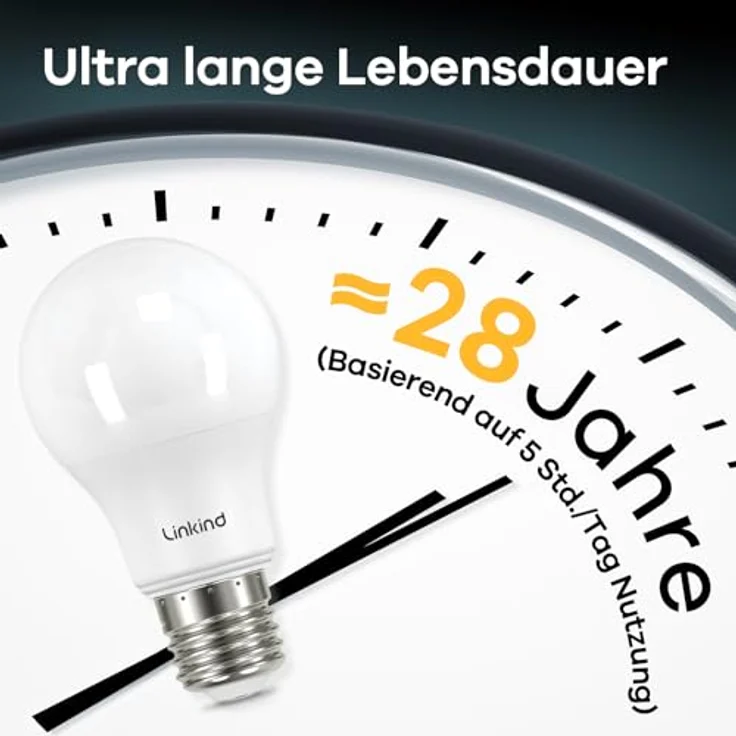 Linkind 7.2W LED E27 100W, A-Klasse Lampe A60 7,2W ersetzt 100W, 1521 lm Extra hell, 4000K Neutralweiß, 50,000 Std. Leuchtdauer, Energiesparlampe E27 Glühbirne Matt, 6 Stück – Bild 6