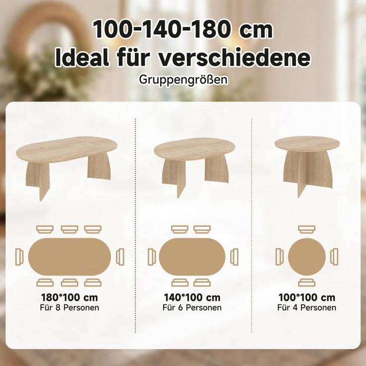 i@home Esstisch Kulissentisch ausziehbar B 100/140/180 abgerundete Kanten (mit 4-8 Personen, Teleskop-Design, 1-St), Ausziehbare ovaler Esstisch für Familie & Gäste, Esszimmer & Küche – Bild 3