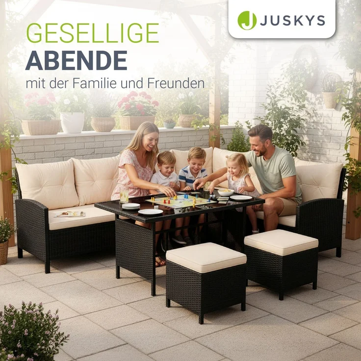 Juskys 'Manacor' Lounge mit Sofa, Tisch, 2 Hocker & Kissen, Polyrattan schwarz-creme, 7 Personen – Bild 7