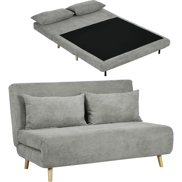 HOMCOM Schlafsofa Doppelschlafsofa mit 3-fach verstellbarer Rückenlehne und 2 Kissen, Polstersofa 1 Teile, für Wohnzimmer, Schlafzimmer, Hellgrau