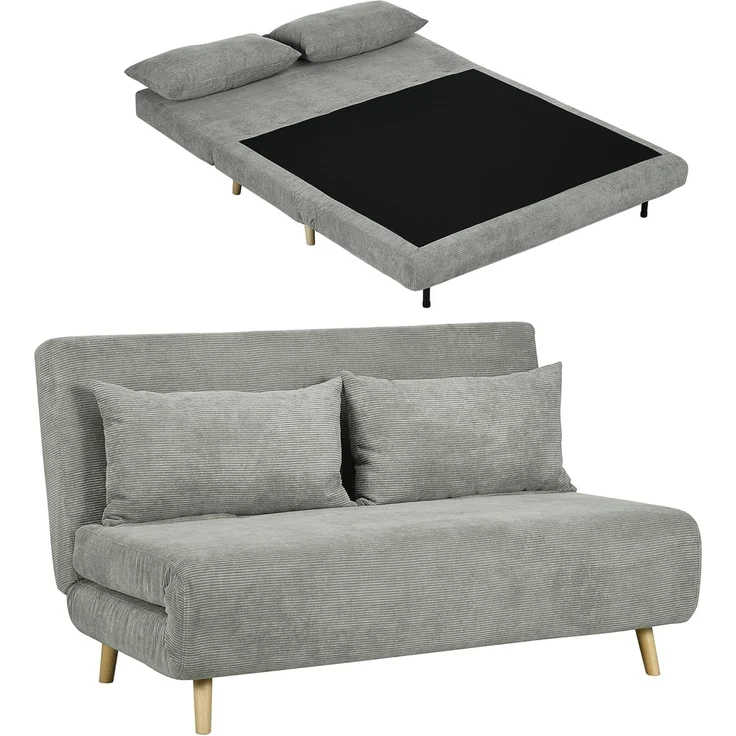 HOMCOM Schlafsofa Doppelschlafsofa mit 3-fach verstellbarer Rückenlehne und 2 Kissen, Polstersofa 1 Teile, für Wohnzimmer, Schlafzimmer, Hellgrau