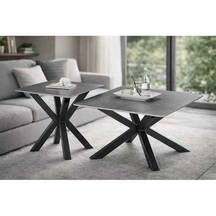 Couchtisch >Janin< (2er-Set) Steinoptik-grau / schwarz- 80x45x80 / 55x55x55 (B/H/T)