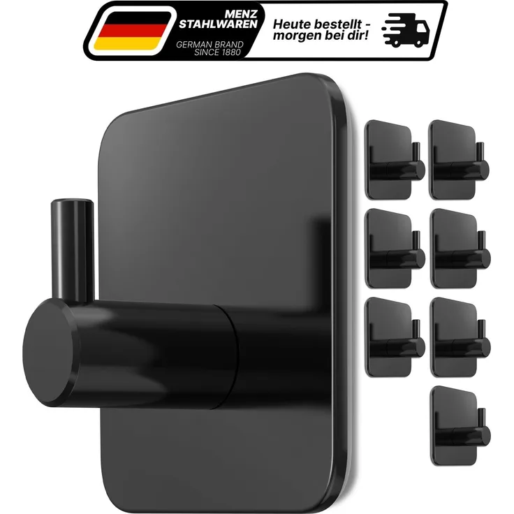 Lindenstein Handtuchhaken 8er-Set Schwarz – Edelstahl V2A, selbstklebend mit 3M-Pads