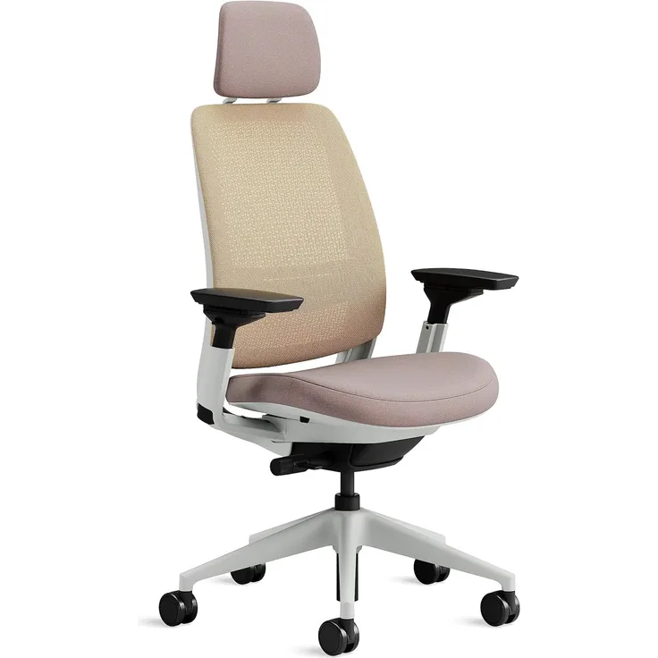 Steelcase Series 2 Bürostuhl mit Netzrücken in Beige und Sitzbezug in Linse mit Kopfstütze