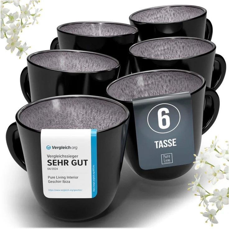 Steingut Kaffeetassen 6 Personen Ibiza TESTSIEGER, Traumhaftes Mediterranes Steingut Tassen Set, Stylisches Tee- und Kaffeebecher Set, Pure Living in Grau – Bild 1