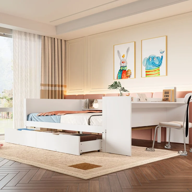 Multifunktionales Holzbett 140×200 cm mit Schreibtisch, Schubladen & Regalen – platzsparendes Doppelbett für modernes Schlafzimmer – Bild 2