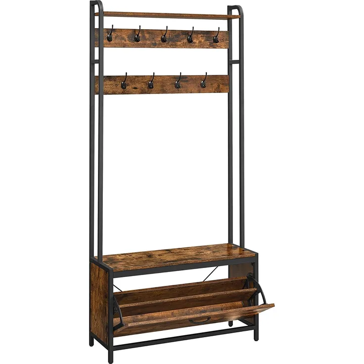 Vasagle Garderobenständer mit Schuhschrank, Garderobe mit Sitzbank, Kleiderständer, Schuhkipper, 9 Haken, obere Ablage, für Flur, Schlafzimmer, Industrie-Design, vintagebraun-schwarz HSR405B01