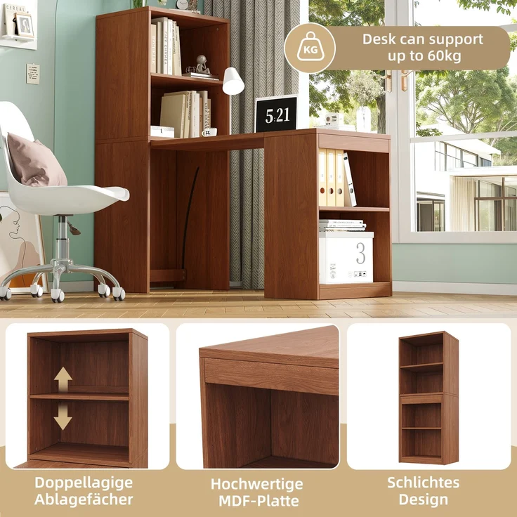 Flieks Klapptisch 130 x 51 x 137 cm, 2-in-1 Schreibtisch und Bücherregal mit 4 Fächern und Rollen, Nussbaumoptik – Bild 7