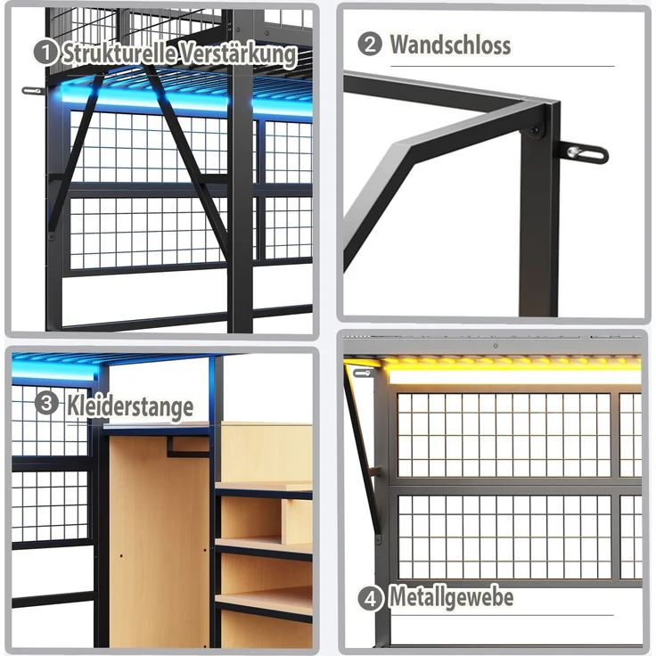 EINHOM Eisenbett, Etagenbett, Hochbett 140 x 200 cm, Geeignet für Kinder und Jugendliche Vielseitiges, Metall-Hochbett mit APP-gesteuerten LED-Lichtleisten Treppe mit Stauraum, Offenem Kleiderschrank Schwarz (Ohne Matratze) – Bild 7