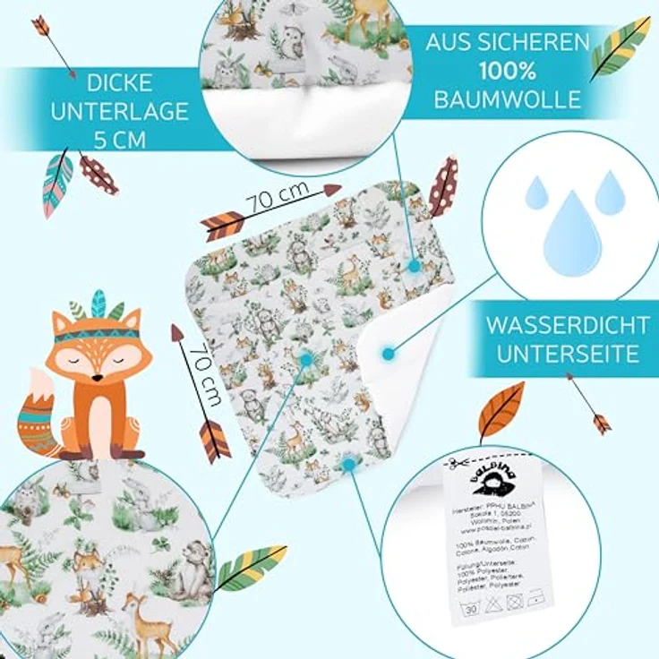 Balbina® Wickelunterlage Wasserdicht Wickeltischauflage für Wickelkommoden baumwolle 70x70 I Tiere in Blättern – Bild 4