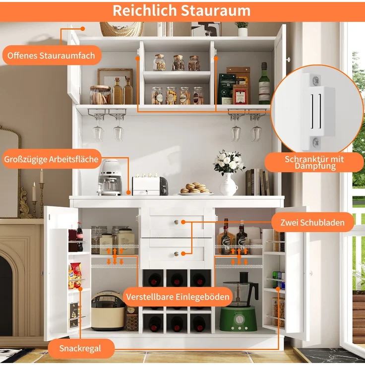 Sideboard 120x40x188 cm in Weiß, mit 4 Türen, 2 Schubladen, offenen Fächern und Weinregal – Bild 8