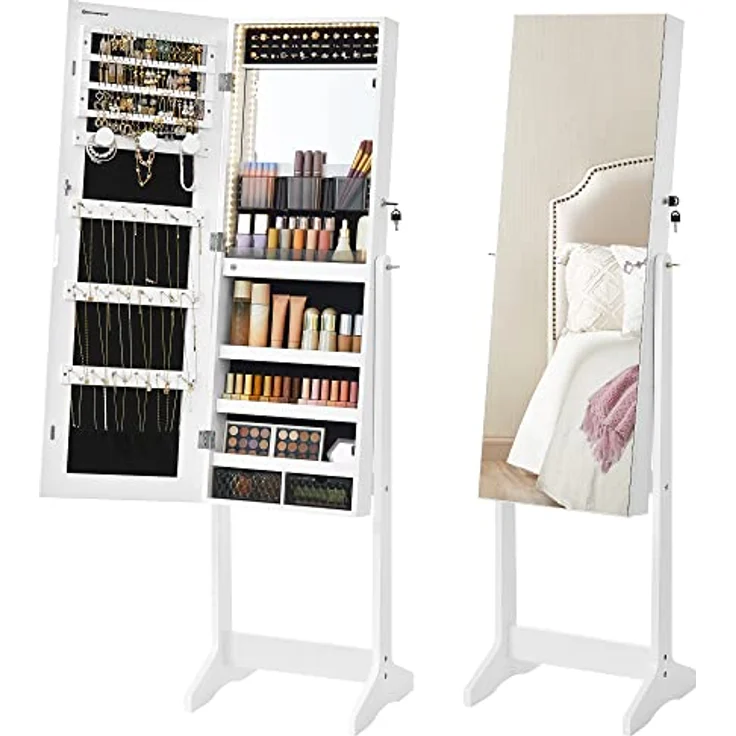 SONGMICS Schmuckschrank, Spiegelschrank, mit rahmenlosem Ganzkörperspiegel, LED-Beleuchtung, Innenspiegel, 2 Schubladen, abschließbar, wolkenweiß JJC023W01 – Bild 2