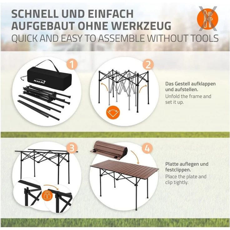 Hauki Campingtisch Klapptisch faltbar aus Aluminium inkl. Tragetasche, Gartentisch 118x55x64,5 cm Braun, Aufrollbare Tischplatte, Falttisch – Bild 4