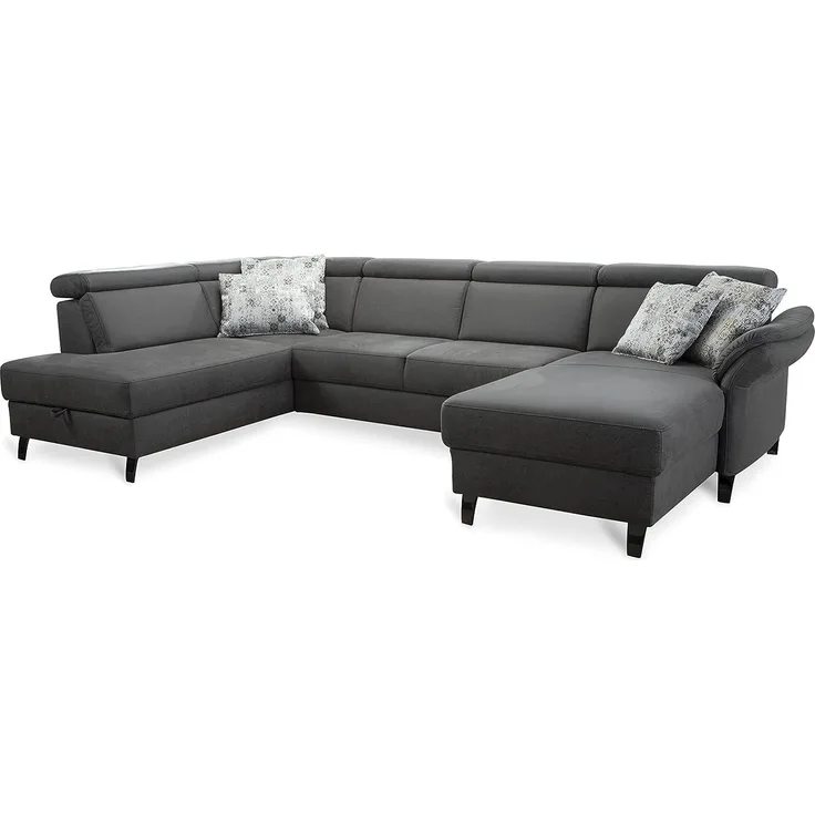 Cavadore Wohnlandschaft Ammerland mit Federkern, Schlafsofa mit Bettfunktion und Bettkasten, inkl. Kopfteilverstellung, 317 x 84 x 193, lederoptik anthrazit